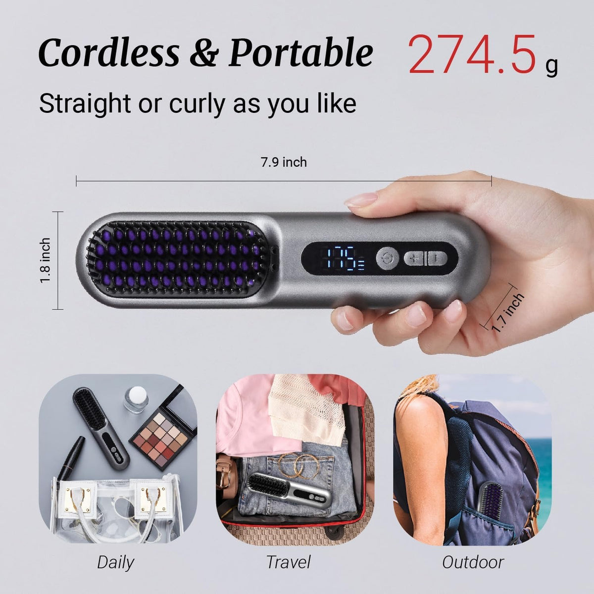 2-in-1 Cordless Hair Straightener Brush – Fast Heating, Portable & Rechargeable