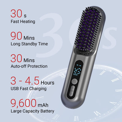 2-in-1 Cordless Hair Straightener Brush – Fast Heating, Portable & Rechargeable
